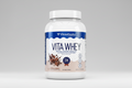 VitaWhey protein powder drink mix container with chocolate flavor on a white background