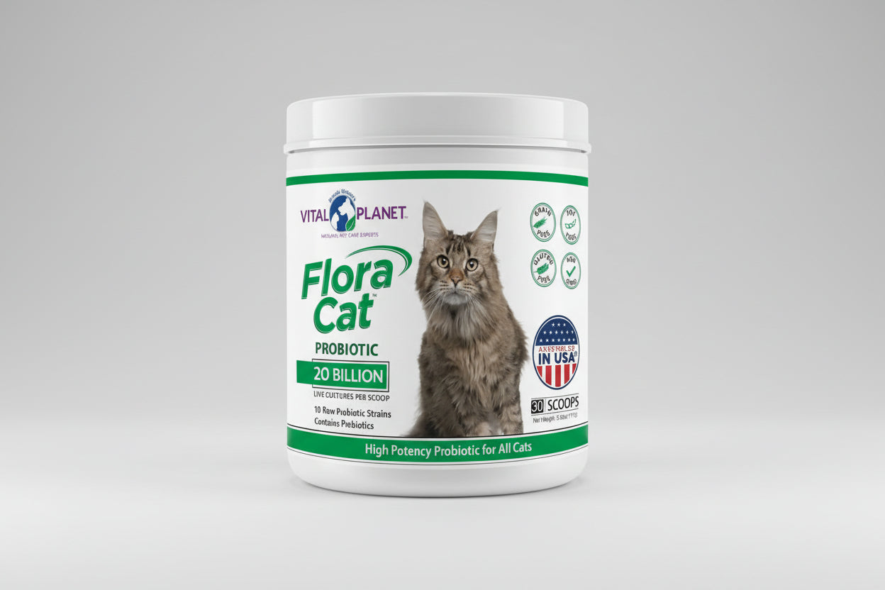 Vital Planet Flora Cat probiotic container with a cat on the label