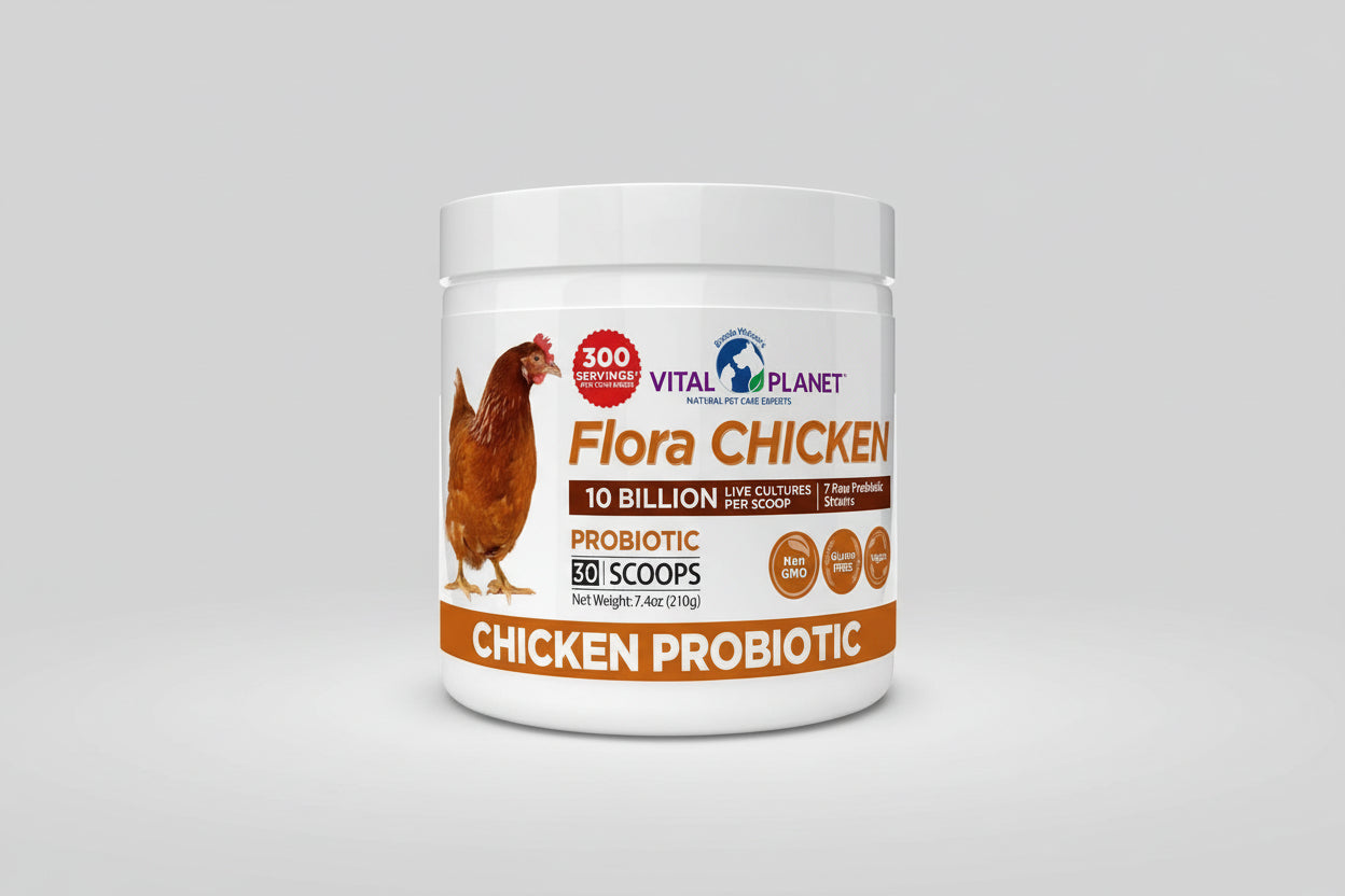 Vital Planet Flora Chicken probiotic supplement container with a chicken illustration on a white background