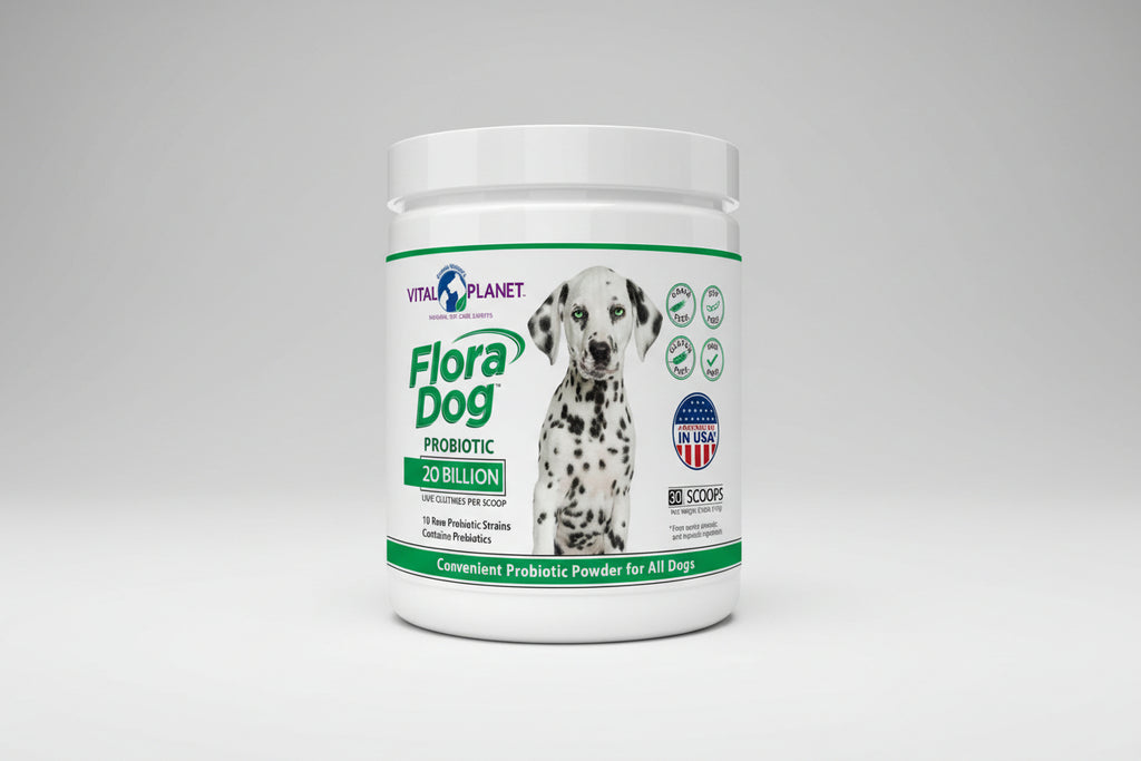 Vital Planet Flora Dog Probiotic powder container with a Dalmatian dog on the label.