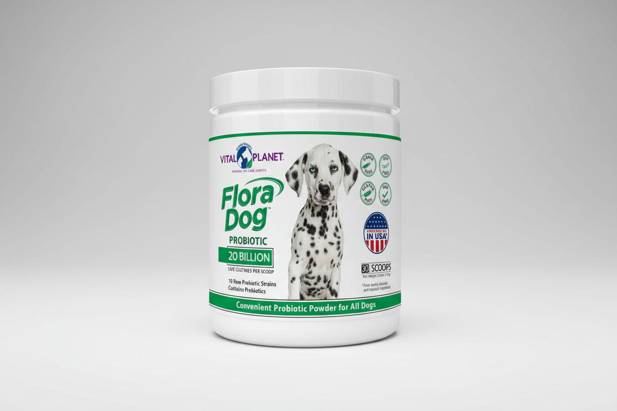 Vital Planet Flora Dog Probiotic powder container with a Dalmatian dog on the label.