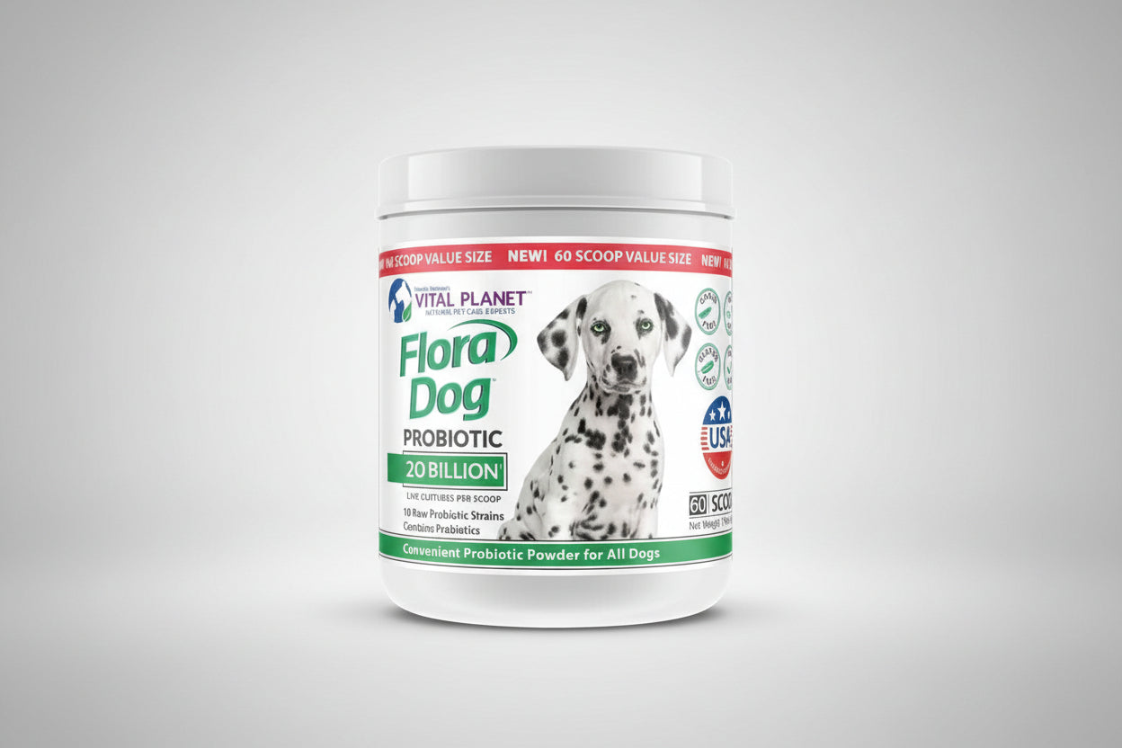 Vital Planet Flora Dog Probiotic powder container with a Dalmatian dog on the label.