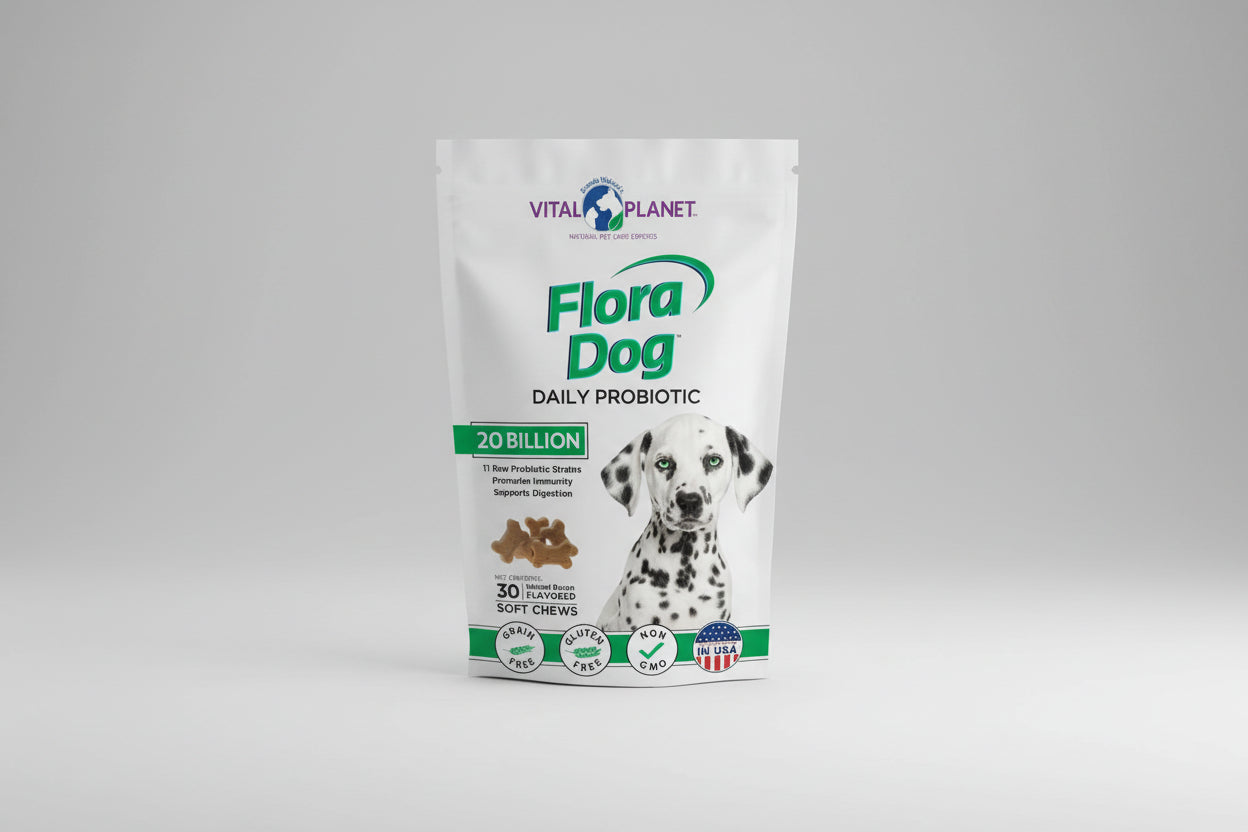 Vital Planet Flora Dog Daily Probiotic package with a Dalmatian dog on the label.