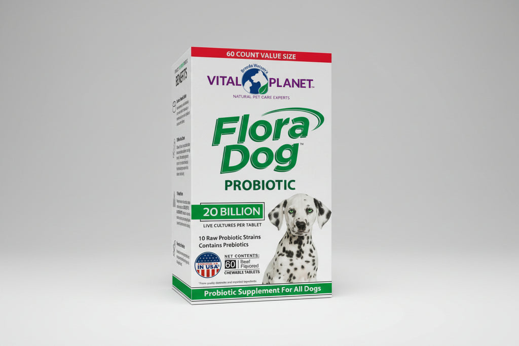 Vital Planet Flora Dog Probiotic supplement packaging with a Dalmatian dog on a white background