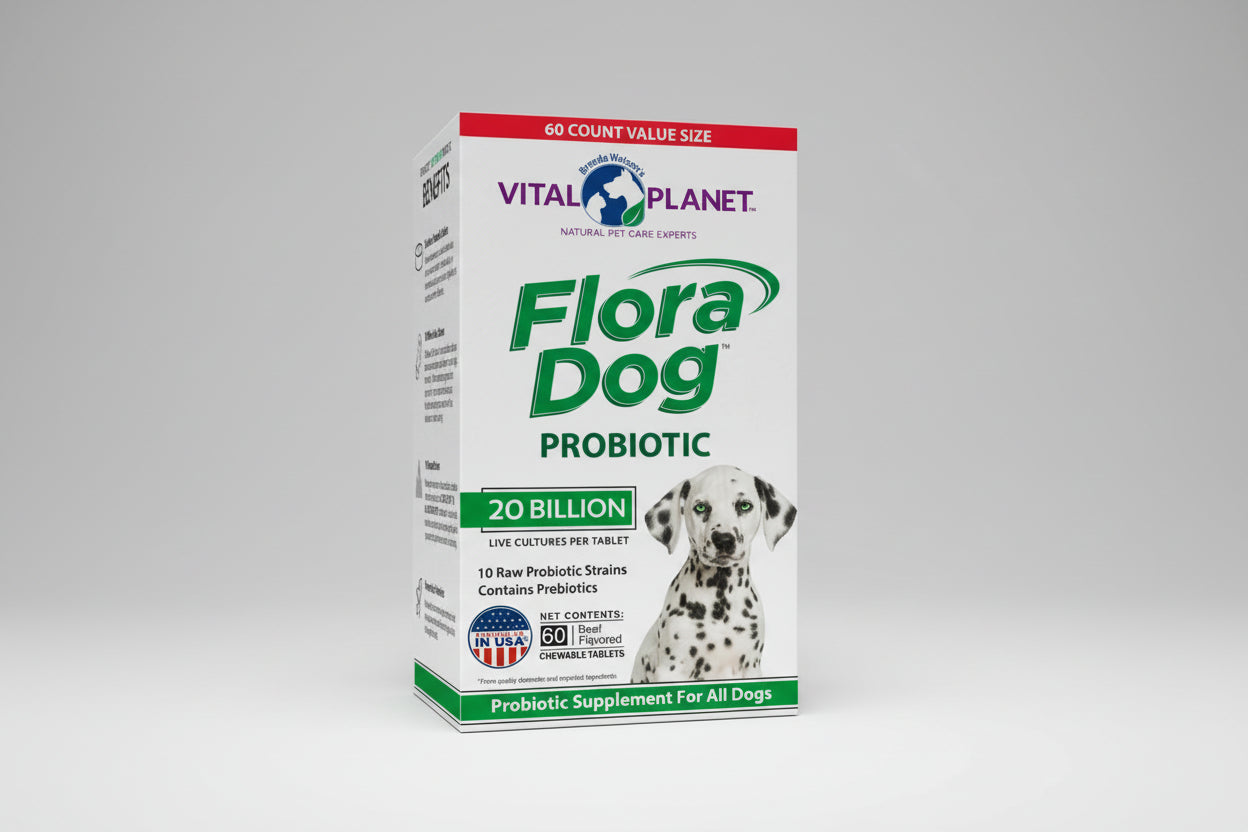 Vital Planet Flora Dog Probiotic supplement packaging with a Dalmatian dog on a white background