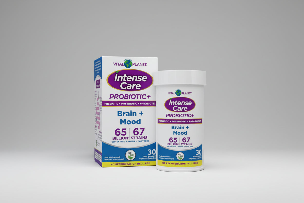 Vital Planet Intense Care Probiotic+ packaging for Brain + Mood on a white background