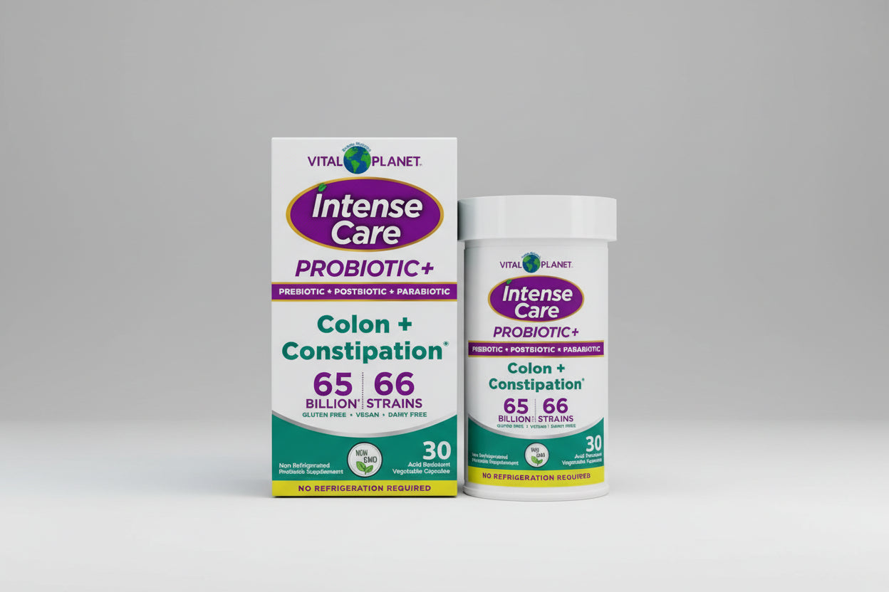 Vital Planet Intense Care Probiotic supplement packaging for colon and constipation support.