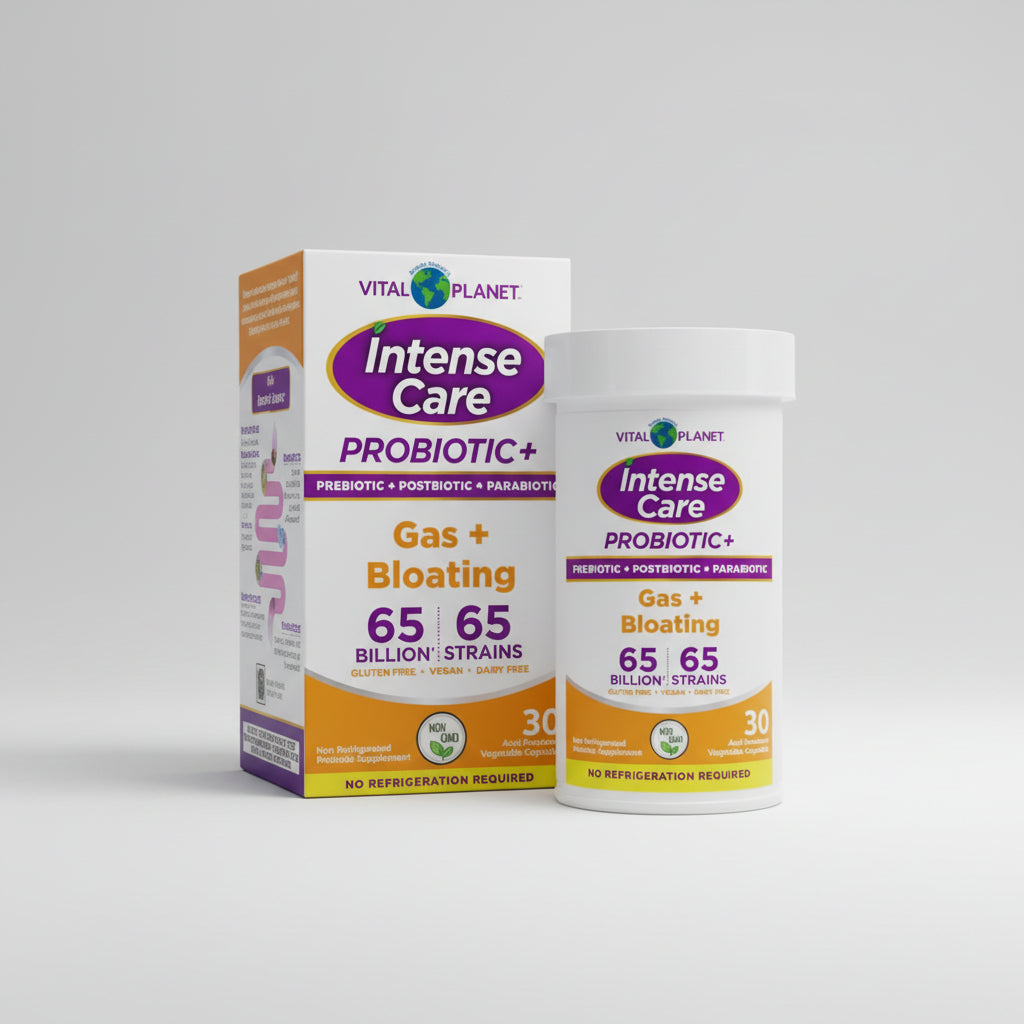 Vital Planet Intense Care Probiotic+ packaging with container and box.