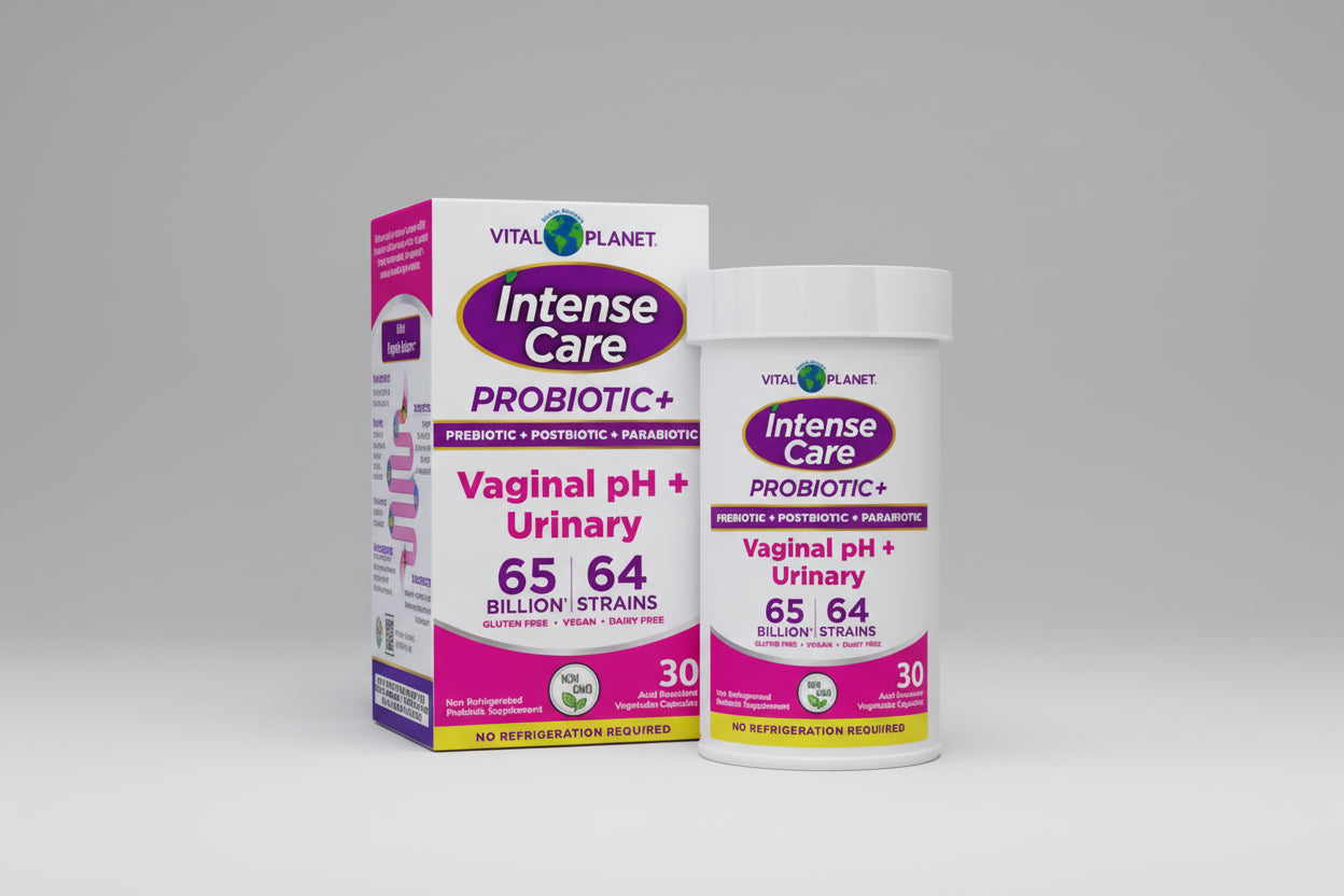 Vital Planet Intense Care Probiotic packaging for vaginal and urinary health.