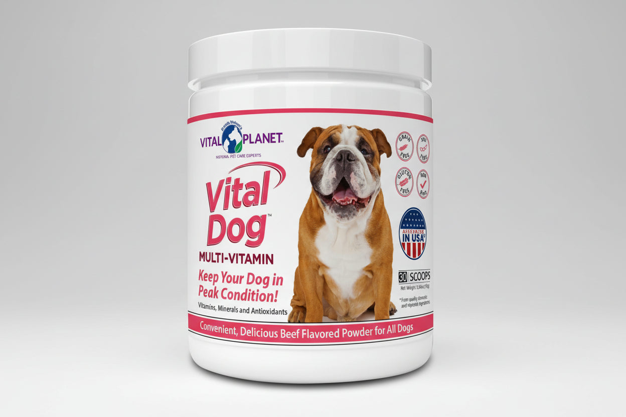 Vital Planet Dog Multi-Vitamin powder container with a bulldog on the label