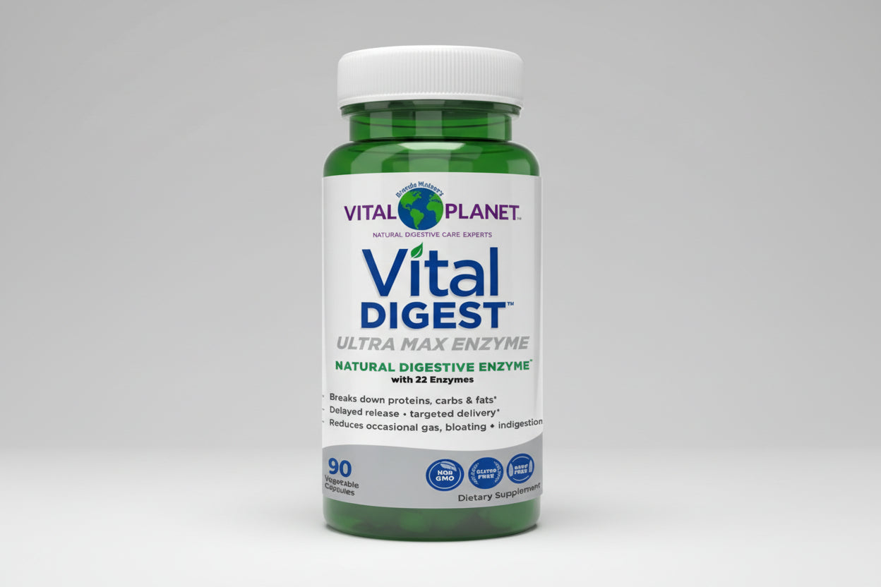 Vital Planet Vital Digest Ultra Max Enzyme supplement bottle on a white background