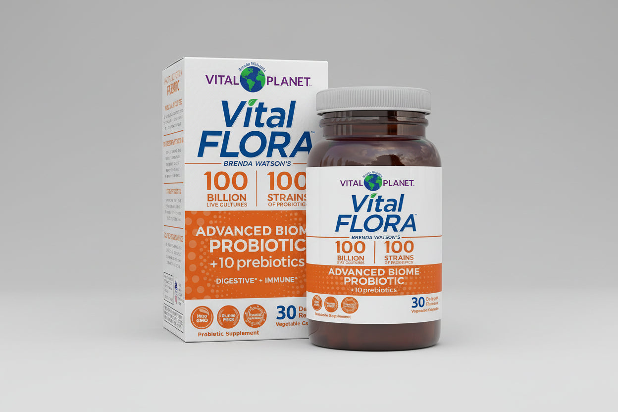 Vital Flora probiotic supplement bottle and packaging on a white background