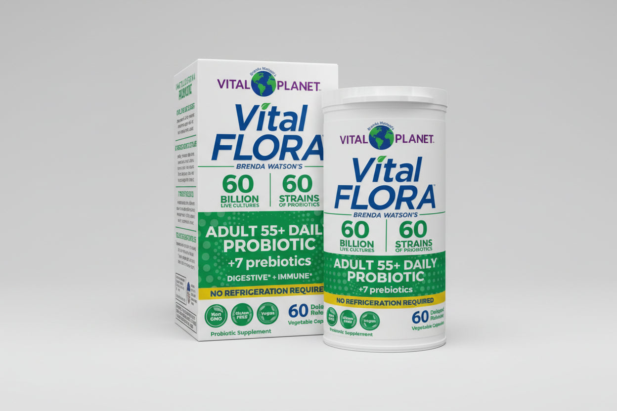 Vital Flora probiotic supplement packaging with box and container on a white background