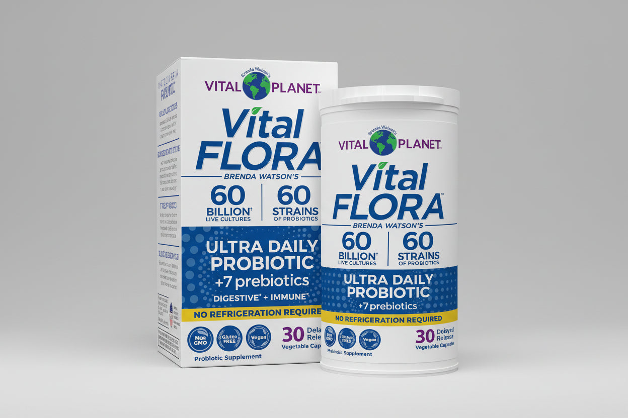 Vital Flora probiotic supplement packaging with box and container.