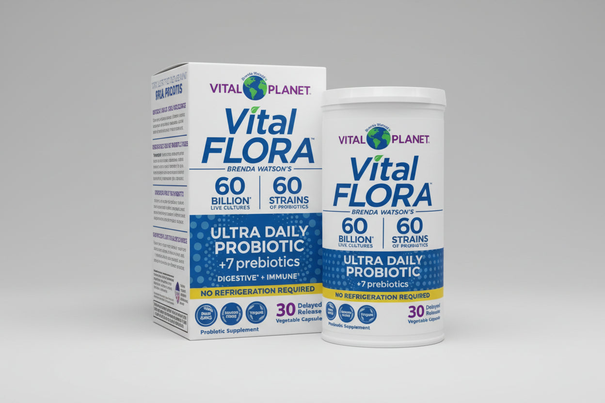 Vital Flora probiotic containers with packaging on a white background