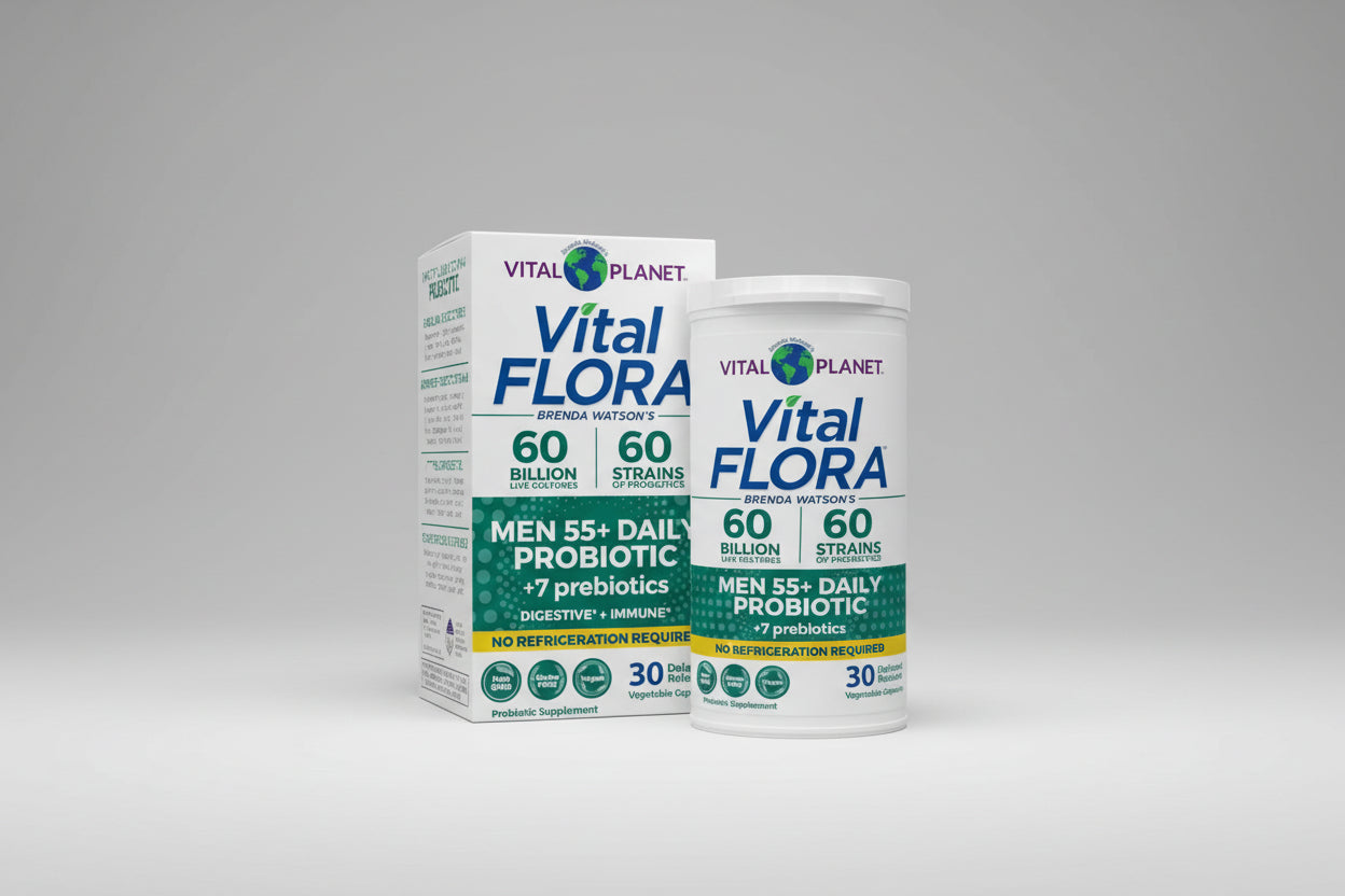 Vital Flora probiotic supplement packaging for men 55+ on a white background