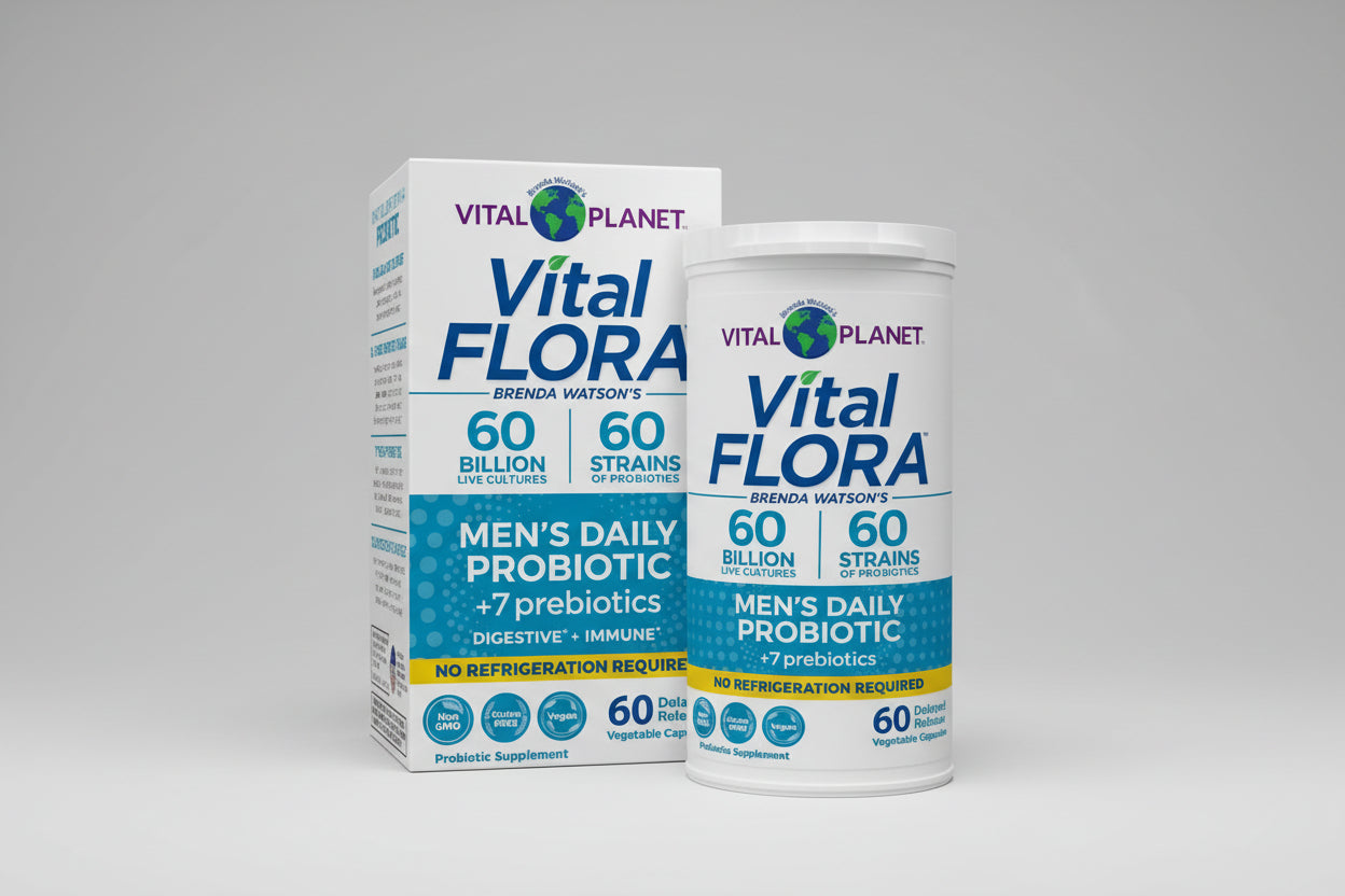 Vital Flora Men's Daily Probiotic packaging by Brenda Watson on a white background