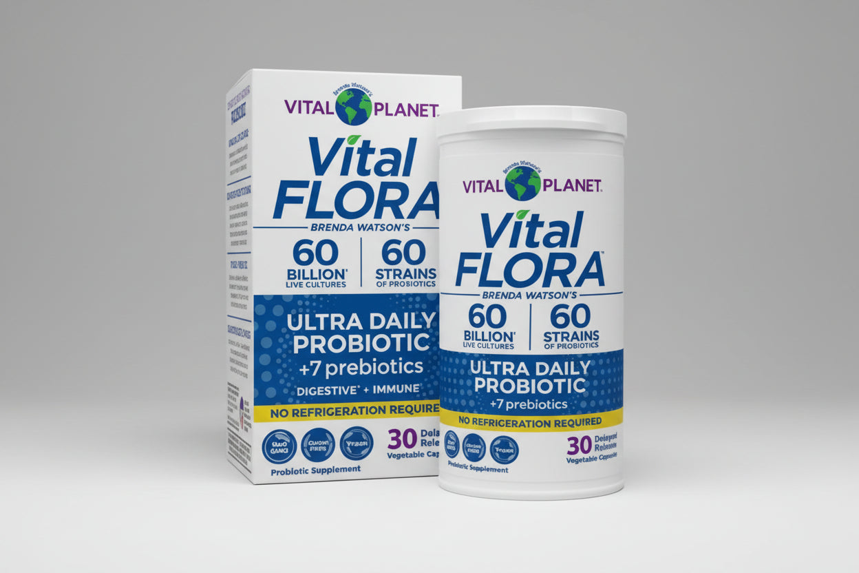 Two containers of Vital Flora probiotic supplement by Vital Planet on a white background.
