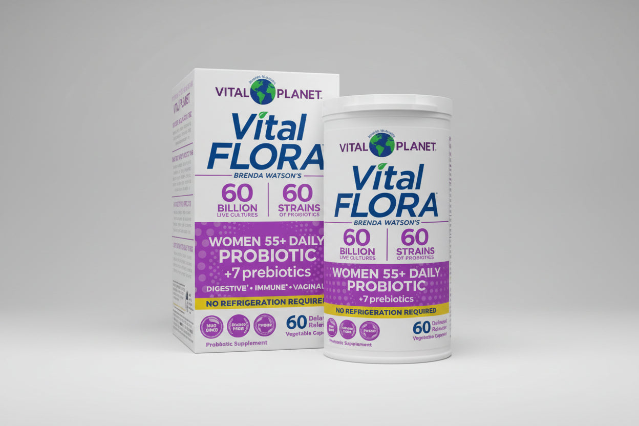 Vital Flora women's daily probiotic container and packaging on a white background