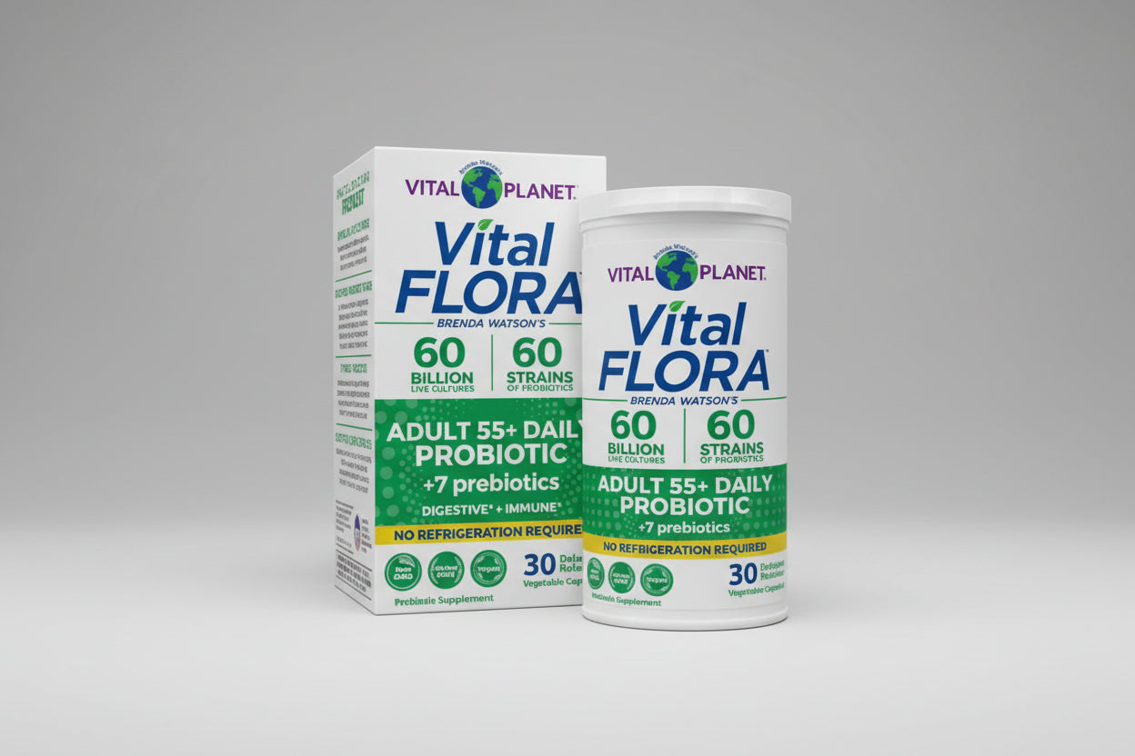 Vital Flora probiotic supplement packaging with green and white design.