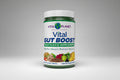 Vital Planet Gut Boost supplement container with images of vegetables and food on a white background