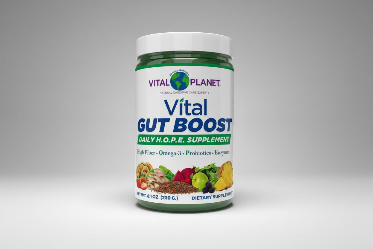 Vital Planet Gut Boost supplement container with images of vegetables and food on a white background