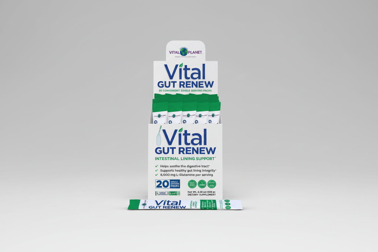 Display of Vital Planet Gut Renew supplement packs on a white background