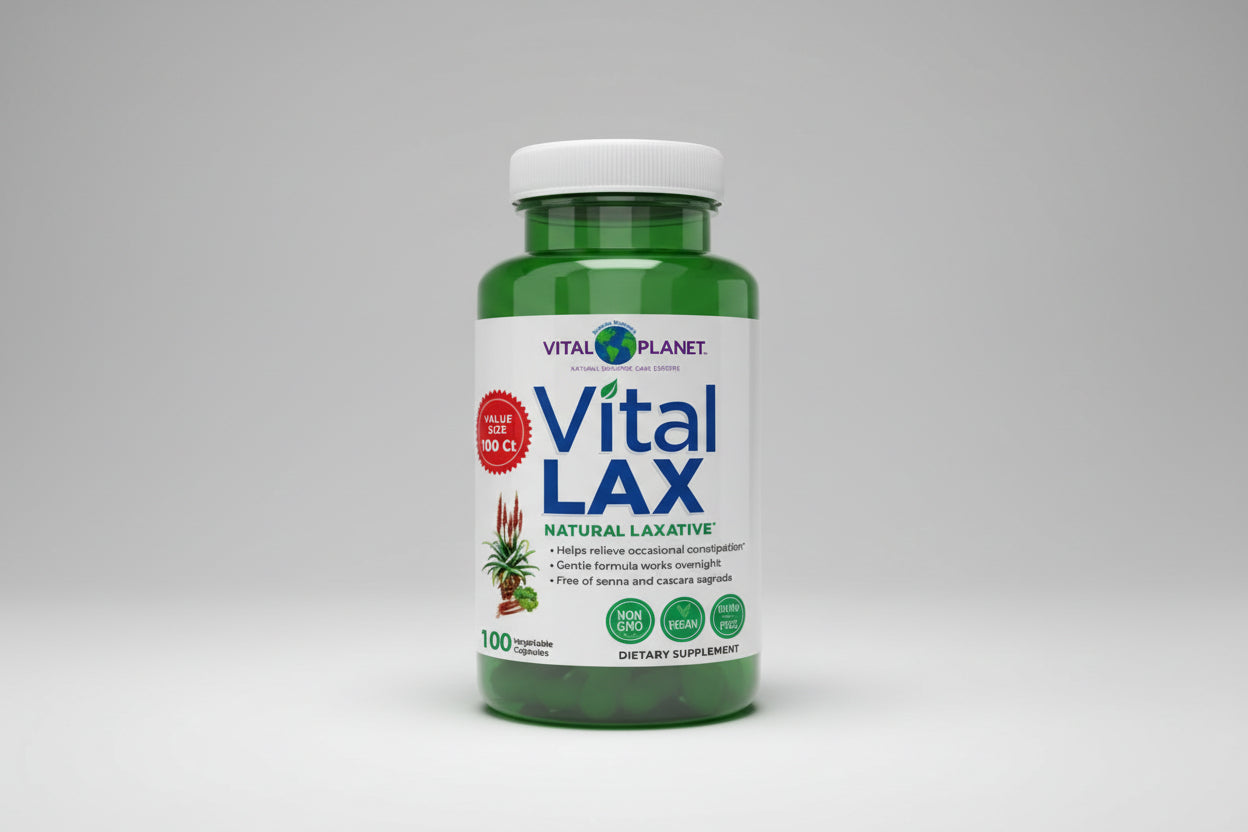 Vital Lax dietary supplement bottle with green and white label on a white background