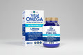 Vital Omega fish oil supplement packaging with blue and white design.