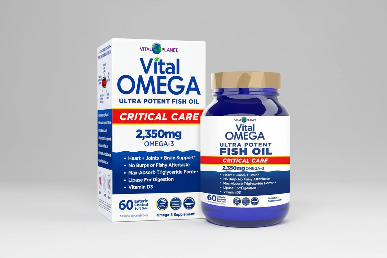 Vital Omega fish oil supplement bottle and packaging on a white background