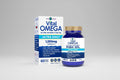 Vital Omega fish oil supplement packaging with blue and white design.