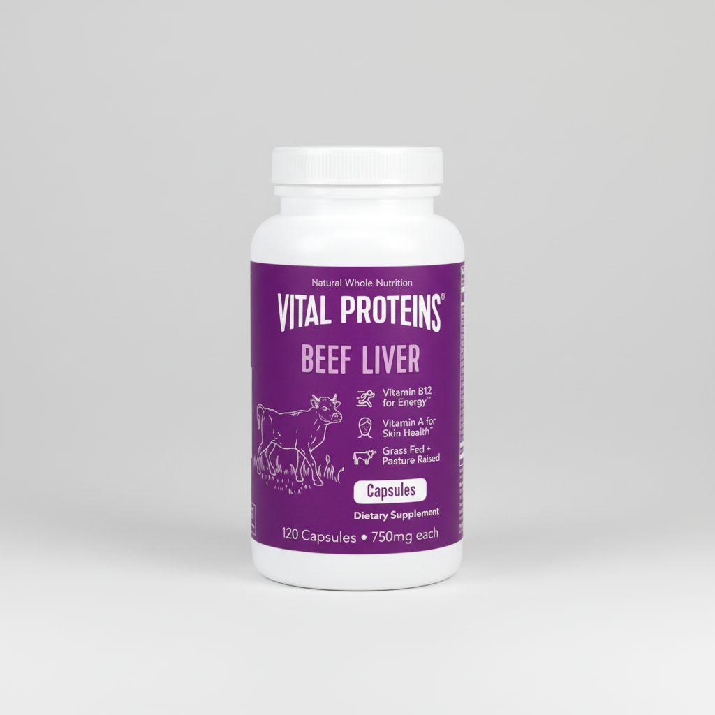 Vital Proteins Beef Liver supplement bottle on a white background