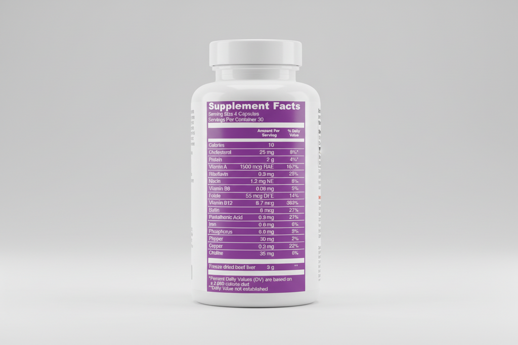 Supplement facts label with various nutrients listed on a purple background