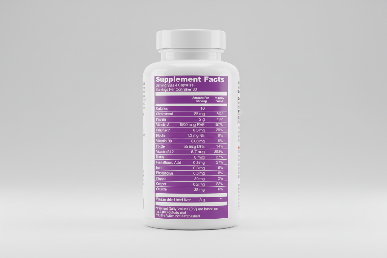 Supplement facts label with various nutrients listed on a purple background