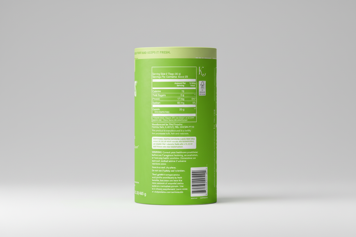 Back view of a green supplement container with nutritional information and branding.