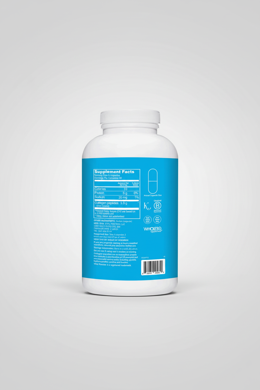 Supplement bottle with blue label on a white background