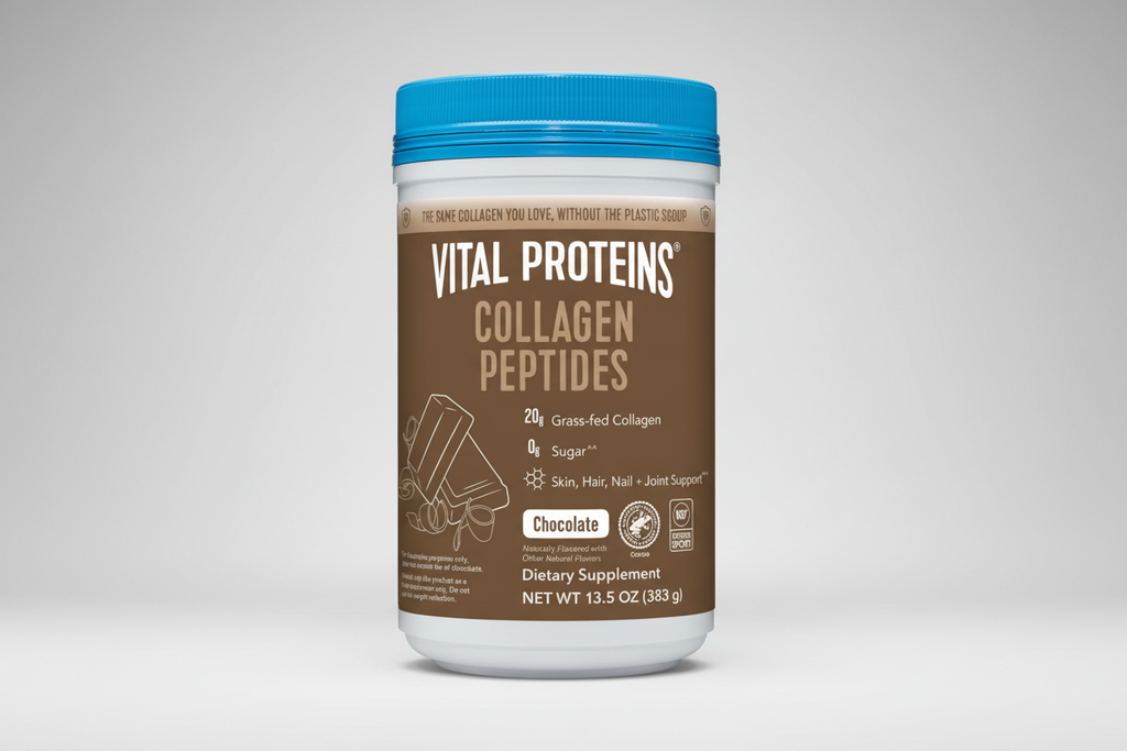 Vital Proteins Collagen Peptides container with blue lid on a white background