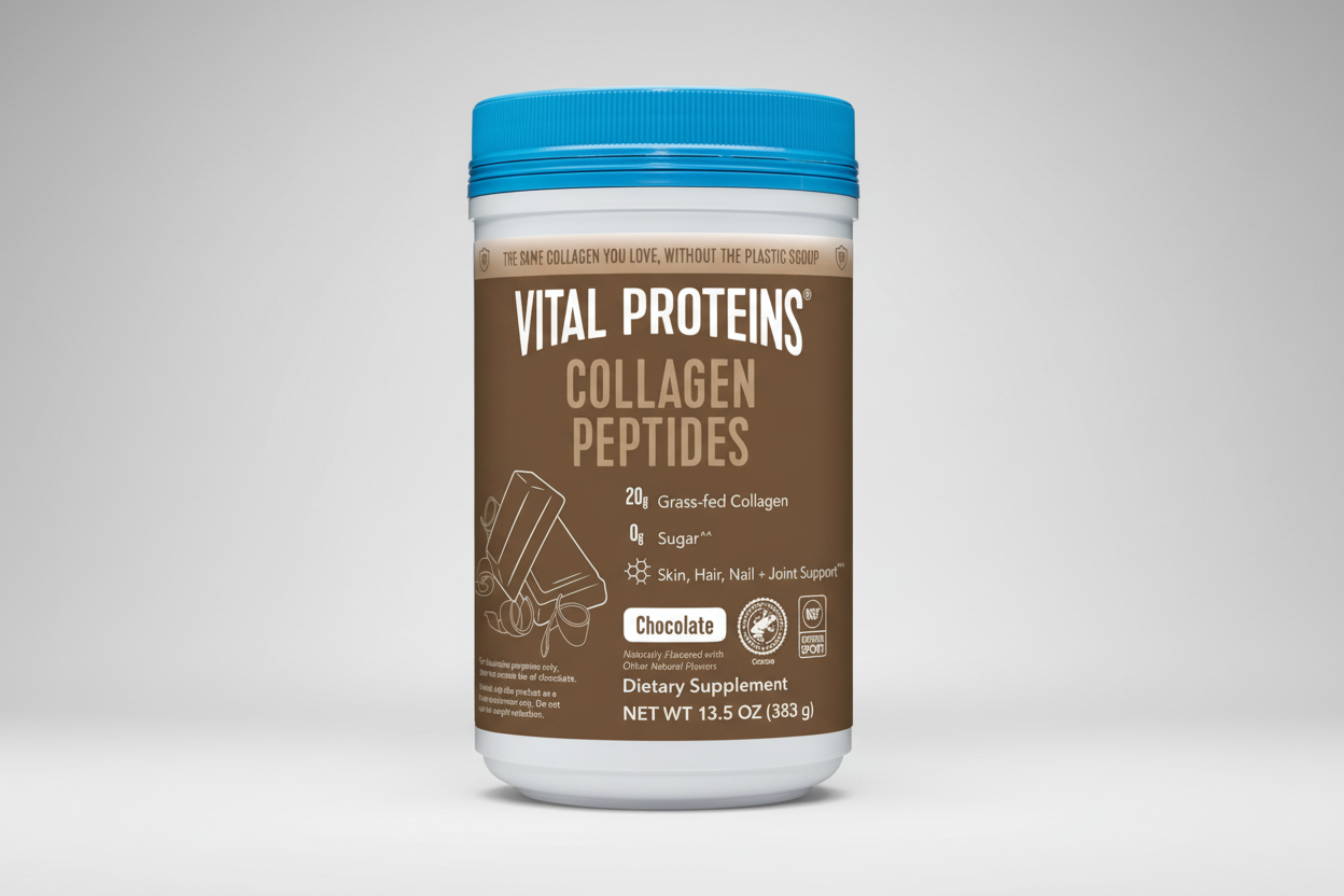 Vital Proteins Collagen Peptides container with blue lid on a white background