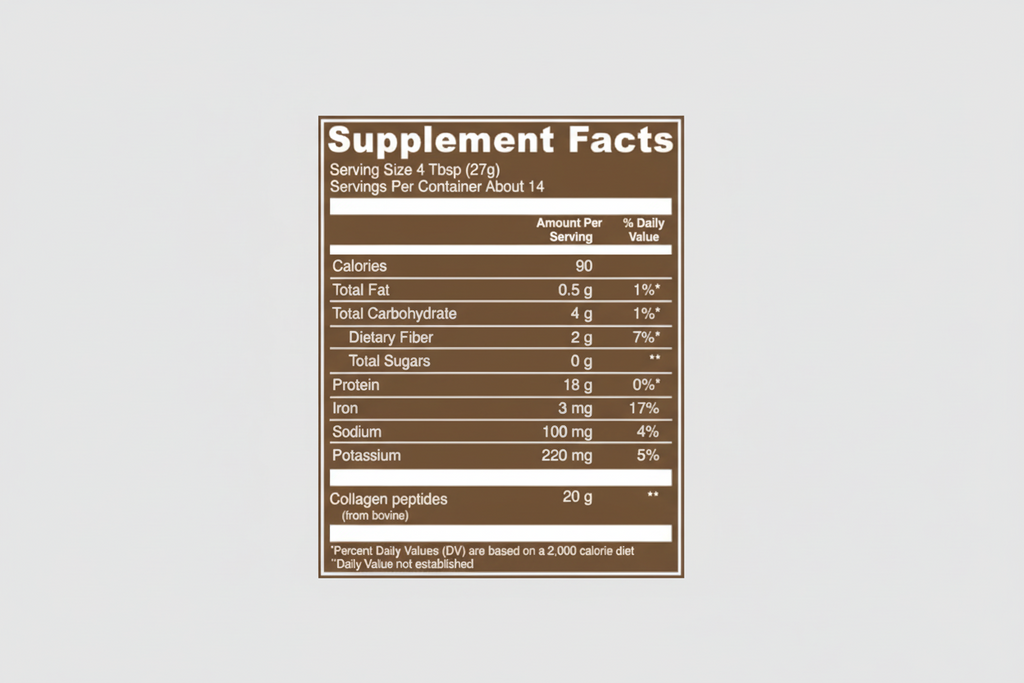 Supplement facts label with nutritional information on a brown background