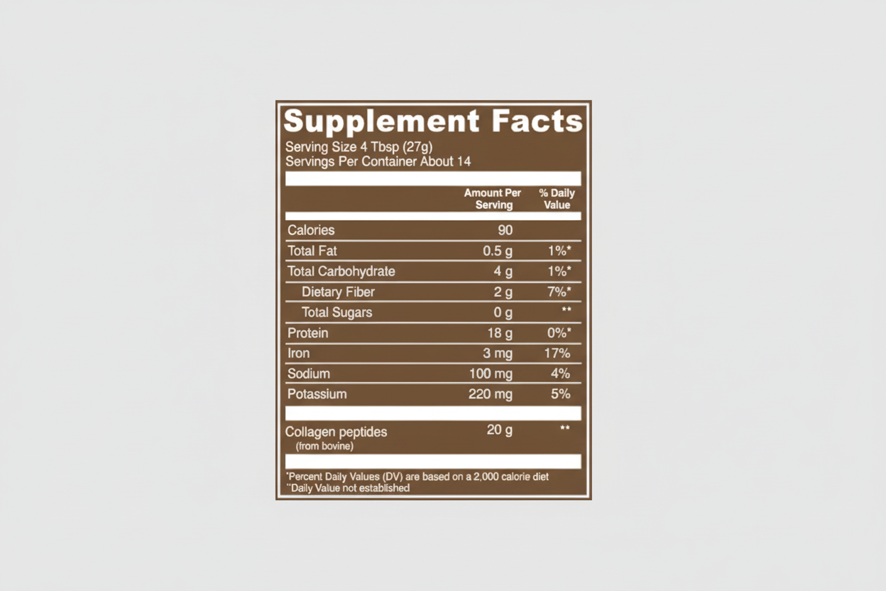 Supplement facts label with nutritional information on a brown background