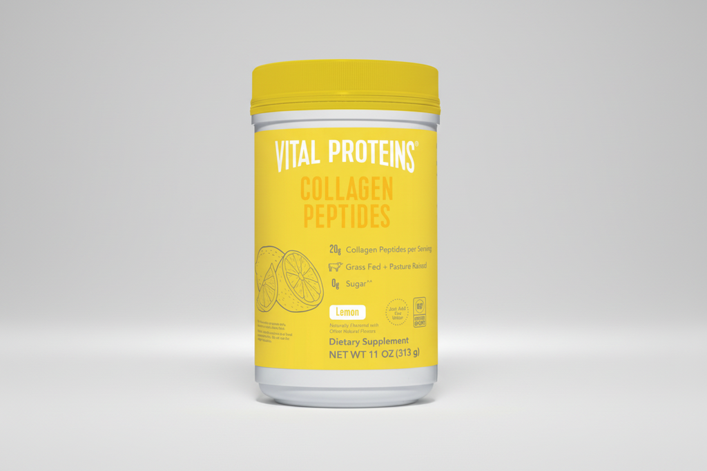 Yellow container of Vital Proteins Collagen Peptides on a white background