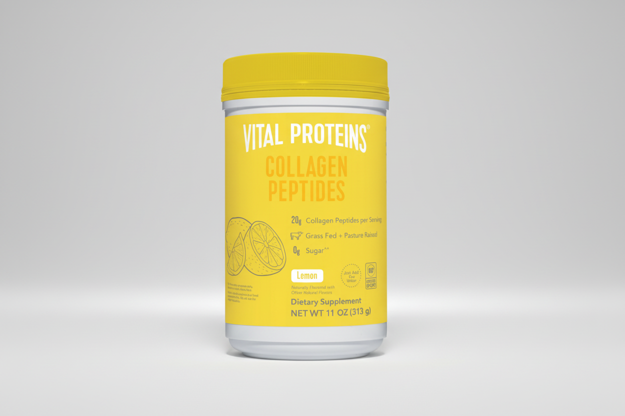 Yellow container of Vital Proteins Collagen Peptides on a white background