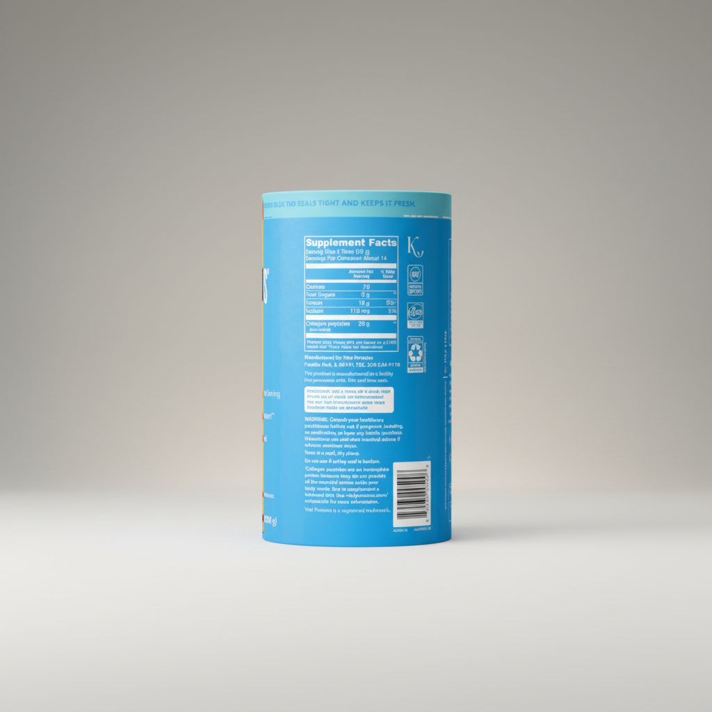 Blue supplement container with nutritional information on a white background