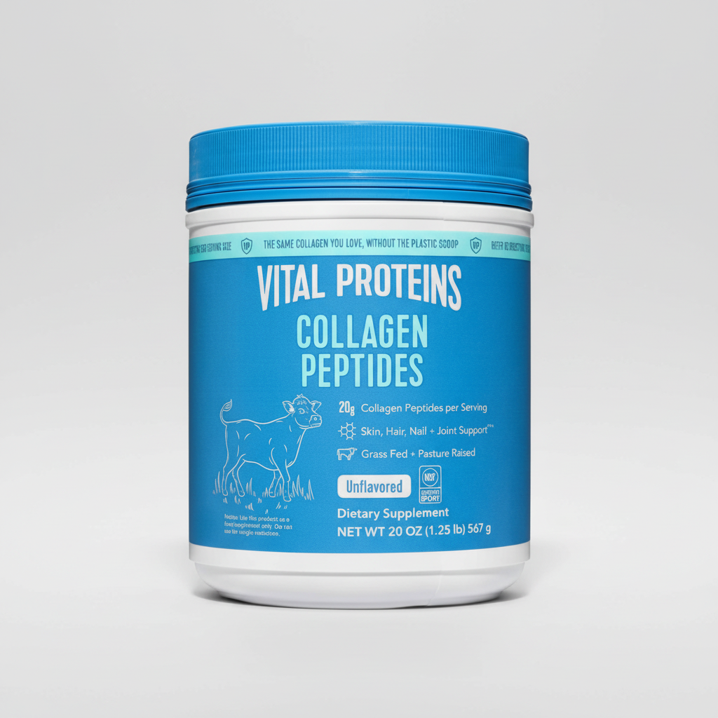 Vital Proteins Collagen Peptides container with blue lid and label on a white background