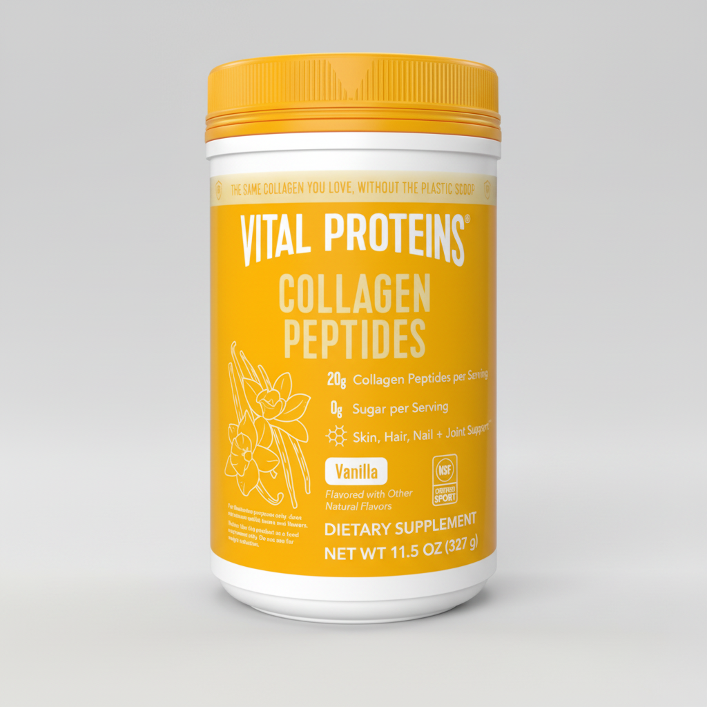 Vital Proteins Collagen Peptides container with yellow lid and label on a white background
