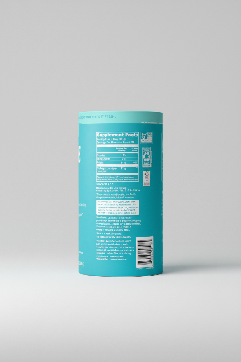 Supplement container with blue label displaying nutritional information and recycling symbols.