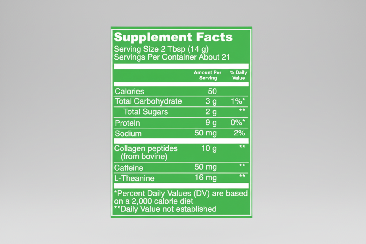 Supplement facts label with green background and white text
