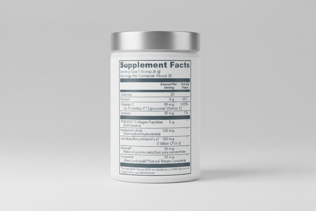 Supplement facts label with various nutrients and their amounts per serving