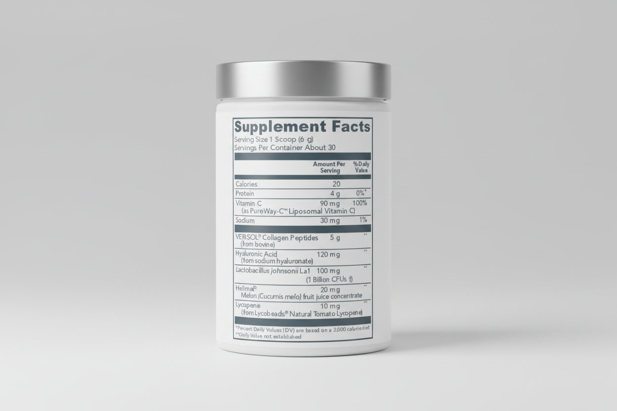 Supplement facts label with various nutrients and their amounts per serving