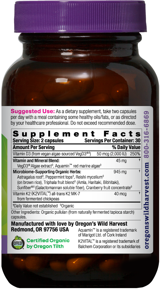 Oregon's Wild Harvest Vitamin D3 & K2 Organic 60 Capsules right side